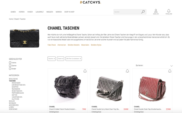 Screenshot einer Website mit Chanel Taschen 